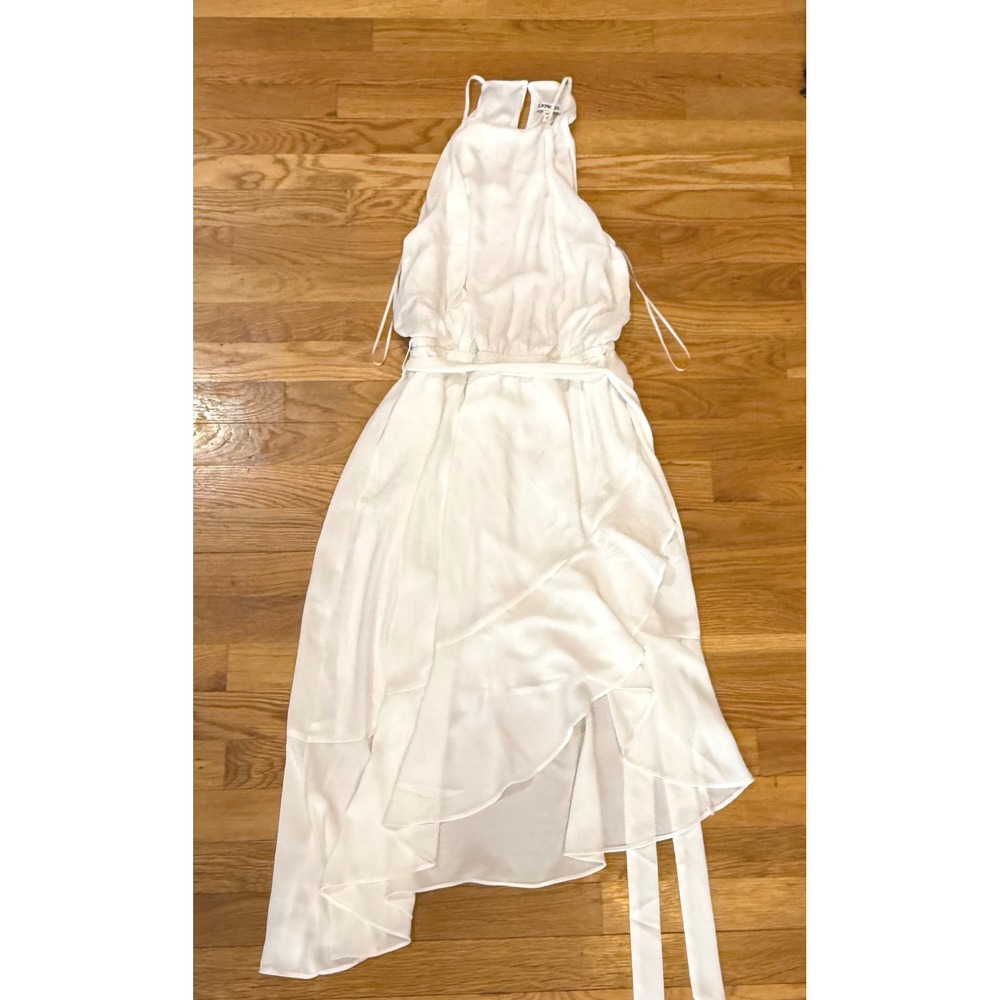 EXPRESS White Ruffle High Neck Flowy Midi Dress Tie Waist Size M